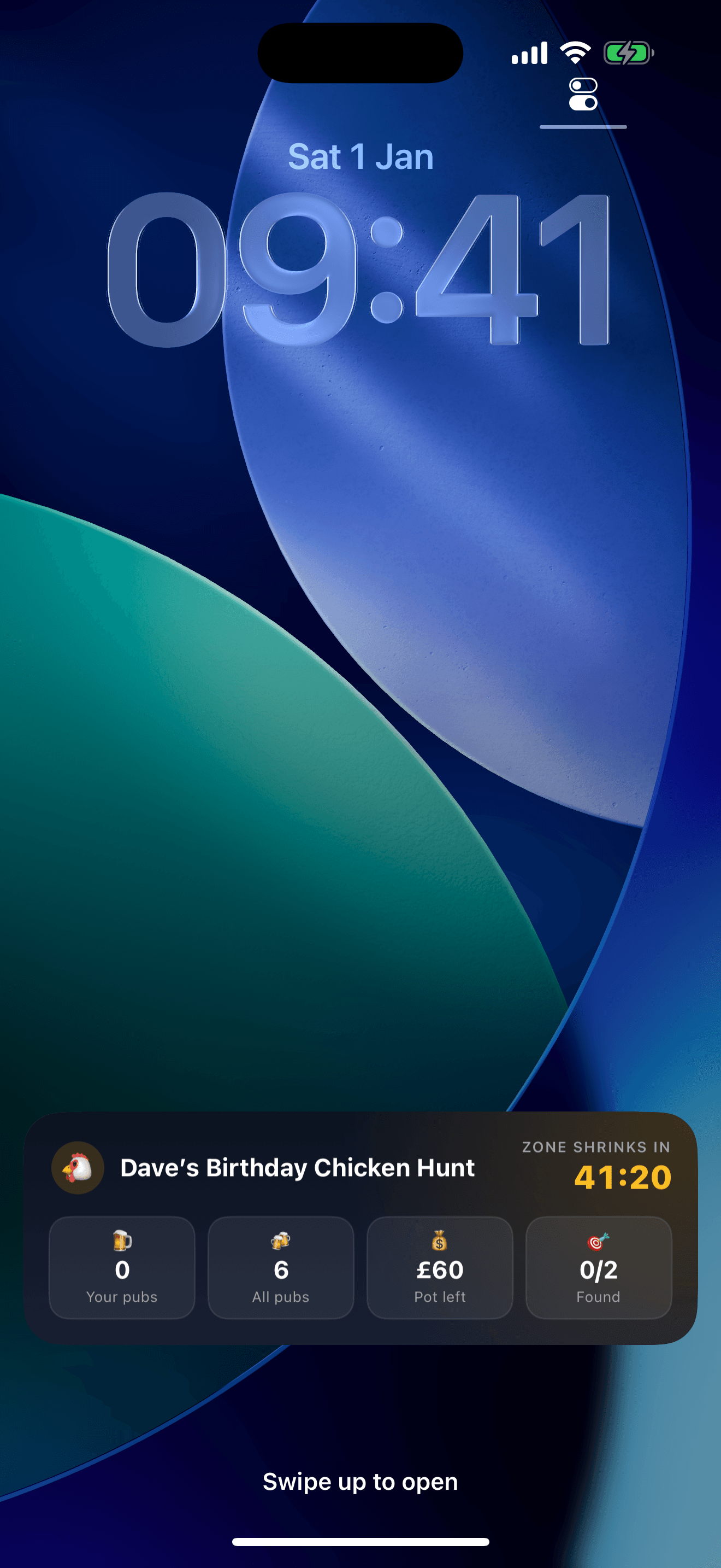 An iPhone lock screen showing the live game card — countdown to the next zone shrink, pubs visited, pot remaining, and teams that have found the Chicken.